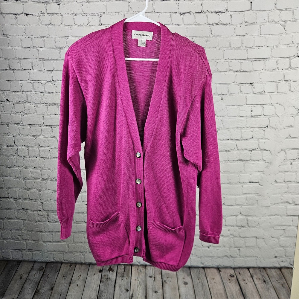 Casual Corner Vintage Magenta Pink 100% Cotton Button Front Cardigan Sweater M